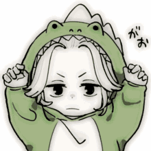 a black and white drawing of a person wearing a frog costume