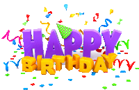 a purple and yellow happy birthday sign with a green party hat