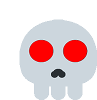 a grey skull with red eyes and a black nose