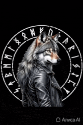 a wolf in a leather jacket is howling in front of a circle of runes