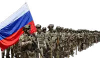 a group of soldiers are standing in a line with a russian flag behind them