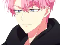 a close up of a person 's face with pink hair and blue eyes