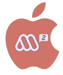 a red apple with a white letter m and the number 2 on it