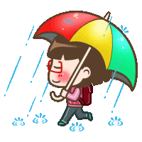 a cartoon of a girl walking in the rain holding a colorful umbrella