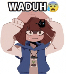 a cartoon of a girl with a black cat on her head and the words waduh above her