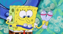 spongebob is brushing his teeth with a toothbrush and holding two bottles of toothpaste .