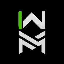 a white and green logo on a black background that says nm