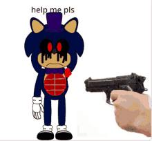 a cartoon of sonic the hedgehog standing next to a hand pointing a gun at him