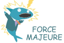 a logo for force majeure shows a shark in a suit