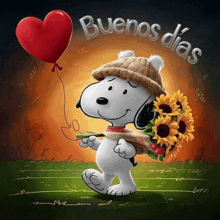 snoopy is holding a bouquet of sunflowers and a red heart balloon .