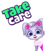 a cartoon bunny holding a heart with the words take care behind it