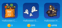 three icons for halloween including a bag of candy and ghosts