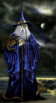 a painting of a wizard with a dragon and a cane