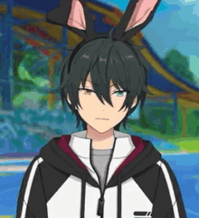 a close up of a person wearing bunny ears on their head