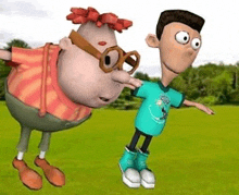 a cartoon character is standing next to another cartoon character on a field .