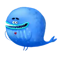 a blue cartoon character with big teeth and a red heart in his mouth