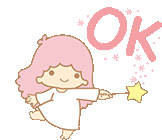 a little twin stars sticker of a girl with pink hair holding a wand with a star on it .