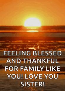 a picture of a sunset with a quote that says feeling blessed and thankful for family like you ! love you sister !