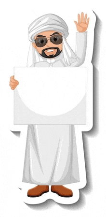 a sticker of an arab man holding a sign on a white background