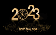 a happy new year greeting card with gold numbers and a clock on a black background