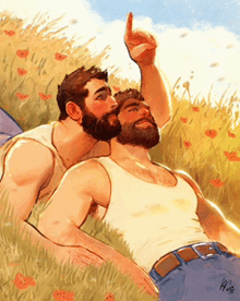 a painting of two men laying in the grass with one pointing