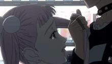 a drawing of a girl with a ponytail and a man with a choker