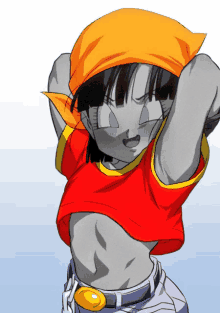 a drawing of a girl wearing a red shirt and an orange scarf around her head