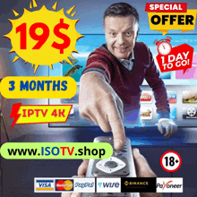 a man holding a remote pointing at a sign that says special offer 19 dollars 3 months iptv 4k