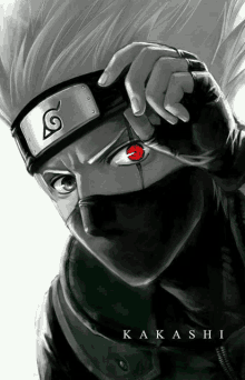 a black and white drawing of kakashi from naruto with a red eye