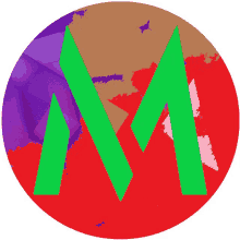 a colorful circle with a green letter m on it