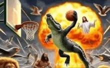 a painting of an alligator playing basketball with jesus .