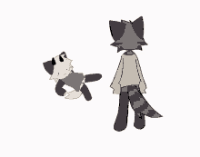 a cartoon drawing of a cat and a raccoon standing next to each other .