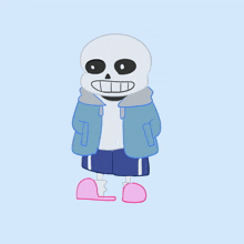 a cartoon drawing of a skeleton wearing a blue jacket