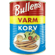 a can of bullens varm korv with a plate of sausages on it