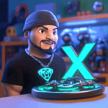 a man with a beard and a diamond necklace stands in front of a blue x