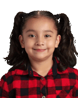 a little girl wearing a plaid shirt with the letter p on it