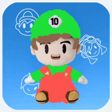 a stuffed toy with a green hat and a number 10 on it