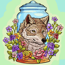 a wolf in a jar with flowers around it