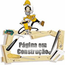 a cartoon of a man blowing a bubble while holding a hammer and a sign that says pagina em construcao