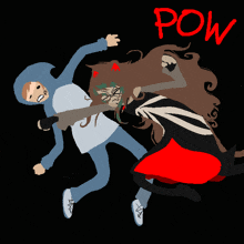 a cartoon drawing of a man and a woman with the word pow in red