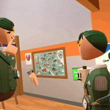 two cartoon characters are standing in front of a rescue room map