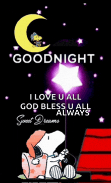 snoopy is holding a star in his hand and says goodnight i love u all god bless u all always