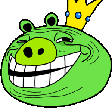 a green angry bird with a crown on its head .