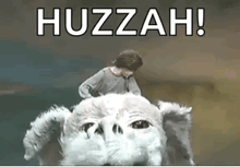 a man is riding on the back of a stuffed animal with the words huzzah .
