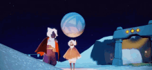 a man and a girl are standing in front of a large globe