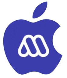 a blue apple logo with a white letter m on it