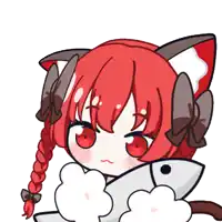 a cartoon girl with red hair and cat ears holding a fish