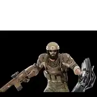 a soldier is holding a shield and a gun in his hands .