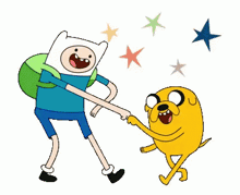 a cartoon of finn and jack holding hands with stars behind them