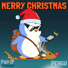 a penguin wearing a santa hat and sunglasses is riding a reindeer on a sled